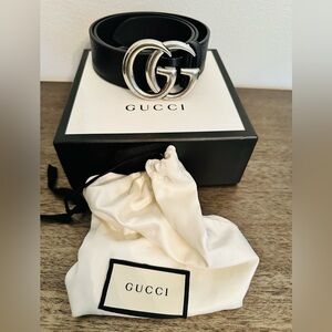 Black Gucci GG wide Marmont leather belt, silver buckle